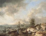 Philips Wouwerman A Dune Landscape with a River and Many Figures painting